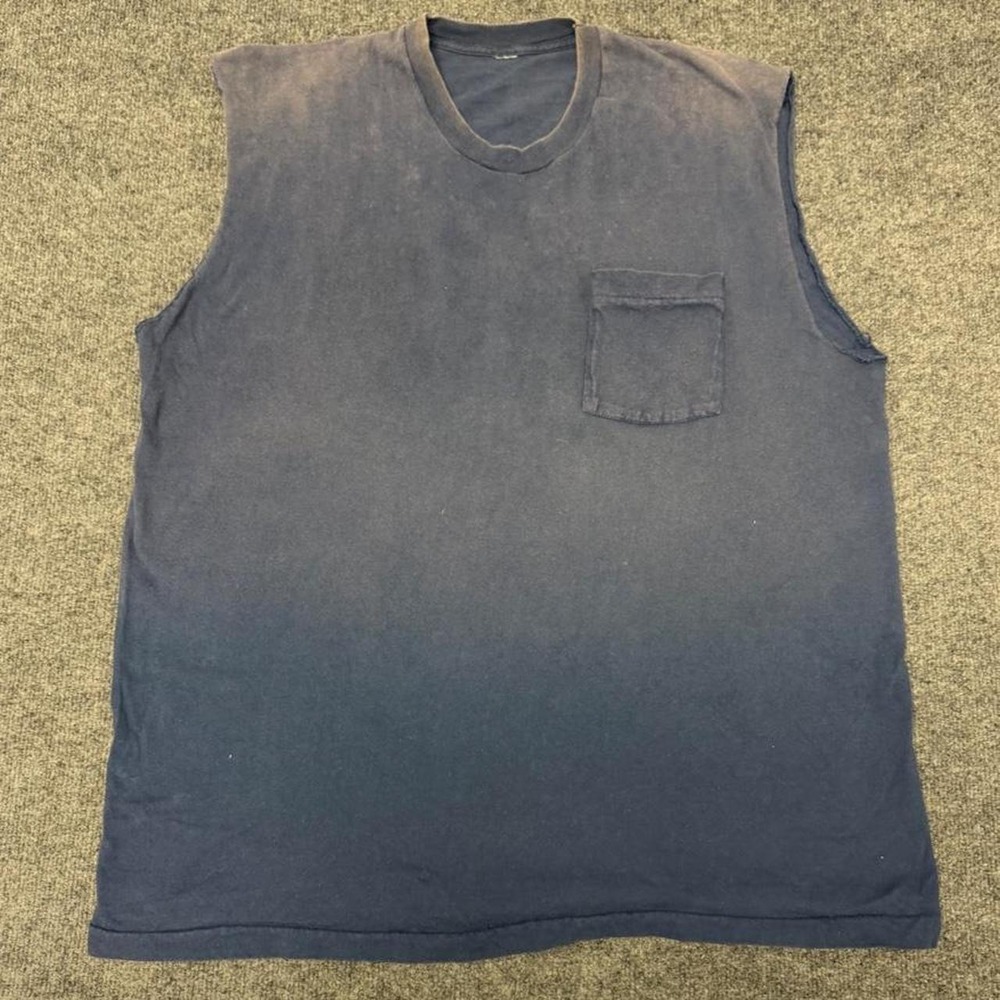 Vintage 1980s Faded Navy Blue Cutoff Pocket Tee Tank Muscle Shirt Mens XL